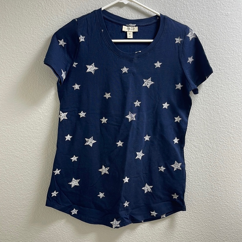 Style & Co Star Toss Short Cap Sleeve Crew Neck Top Blue White size Extra Small